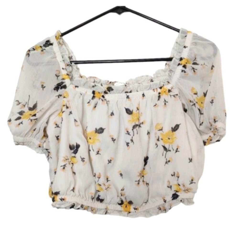 Floral Puff Sleeve Crop Top Ivory Yellow Square Neck L Cottagecore Peasant Boho